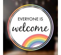 Cartello con scritta "Everyone is Welcome Here", 12 cm x 12 cm, adesivo per vetrine, arcobaleno in vinile per negozi e bar, da attaccare all'interno per esporre all'esterno