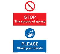 Cartello con scritta "Stop germs Please wash your hands", in plastica rigida, 3 mm