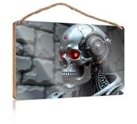 Cartello da appendere alla porta con teschio robotico con occhi rossi contro pietra, sfondo boschivo, cartello di benvenuto, decorazione per la casa e il negozio (20 x 30 cm)