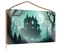 Cartello da appendere alla porta della fattoria con una villa spettrale sotto un cielo illuminato di luna, cartello di benvenuto, decorazione per la casa e il negozio (15 x 28 cm)