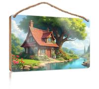 Cartello da appendere all'esterno, idilliaco cottage vicino al fiume, cartello decorativo in legno (20 x 30 cm)