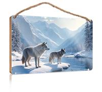 Cartello da appendere per esterni, con due lupi in un paese delle meraviglie invernale, in legno, decorazione (20 x 30 cm)