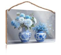 Cartello da bagno con vasi floreali blu - una mostra serena, cartello in legno da appendere, divertente cartello in legno per decorazione da parete della cucina (15 x 28 cm)