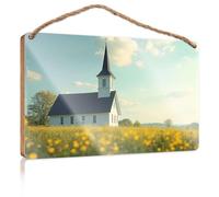 Cartello da parete da appendere a una chiesa bianca serena con un campanile in mezzo a un campo di fiori gialli cartello legno uomo grotta decorazione per esterni patio (20 x 30 cm)