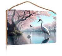 Cartello da parete da appendere con due uccelli bianchi in piedi vicino a un lago sereno circondato da alberi di ciliegio in fiore cartello legno uomo decorazione grotta esterna patio (15 x 28 cm)