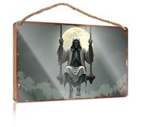 Cartello da parete da appendere con la morte su un'altalena sotto una luna piena, cartello in legno per portico all'aperto (23 x 35 cm)