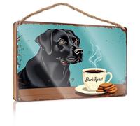 Cartello da parete da appendere con scritta in inglese "A Black Dog Enjoy A Cup of Dark Roast Coffee with Cookies Wooded Sign Man Cave Decor Outdoor Patio Decor (20 x 30 cm)
