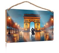 Cartello da parete da appendere con scritta in inglese "A Couple Kissing Under The Arc De Triomphe at Night", cartello in legno, decorazione per grotte e grotte, per esterni (20 x 30 cm)