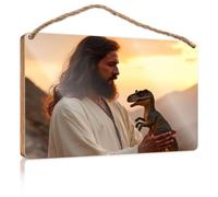 Cartello da parete da appendere con scritta in inglese "A person holds a small Dinosaur Toy Against a Sunset" (lingua italiana non garantita)
