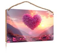 Cartello da parete da appendere con un fiore a forma di cuore che sboccia in montagna al tramonto, cartello boscoso uomo decorazione per grotte all'aperto (15 x 28 cm)