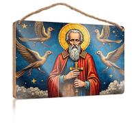 Cartello da parete da appendere con un santo con uccelli che volano intorno a lui con una croce in legno, decorazione per grotte per esterni (15 x 28 cm)