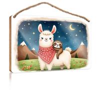 Cartello da parete in legno da appendere con adorabile amici: lama e bradipo nella notte, cartello in legno per la decorazione della casa e del patio (23 x 35 cm)
