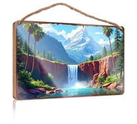 Cartello da parete in legno da appendere con paradiso delle montagne: cascata, palme e cime innevate, cartello estivo decorativo per porta per camera da letto (15 x 28 cm)