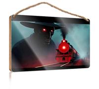 Cartello da parete per cucina, con figura minacciosa che incombe su un treno a vapore in una scena nebbiosa e inquietante, cartello decorativo per porta (15 x 28 cm)