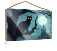 Cartello da parete per cucina, con gatto nero posatosi su un ramo di albero sotto una luna piena, con un castello sullo sfondo, cartello decorativo per porta (20 x 30 cm)