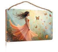 Cartello da parete per cucina, con scritta in inglese "A Woman in an Orange Dress Circondata da farfalle", cartello decorativo per porta (20 x 30 cm)