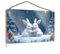 Cartello da scrivania per ufficio, divertente cartello in legno con due conigli bianchi in un paese delle meraviglie invernale, decorazione per porta d'ingresso (20 x 30 cm)