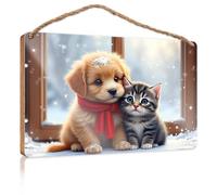 Cartello d'amore per decorazione domestica da parete con finestra innevata: un cucciolo e gattino, in legno, per decorazione autunnale, 15 x 28 cm