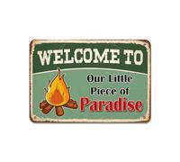 Cartello decorativo con scritta in lingua inglese "Welcome to our little piece of paradise campfire campfire pozzo latta" 20 x 30,5 cm, poster decorativo per casa, camera, fattoria, giardino, cortile