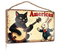 Cartello decorativo da appendere con gatto americano e coniglio che gioca a banjo estivo, in legno, accessorio da appendere per la stanza da uomo (15 x 28 cm)
