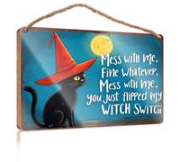 Cartello decorativo da appendere con gatto nero che indossa un cappello da strega con una luna sullo sfondo. Accessori da appendere in legno estivo per la stanza da uomo (23 x 35 cm)