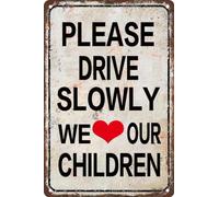Cartello decorativo da parete con scritta "Please Drive Slowly We Love Our Children", per interni ed esterni, in metallo, 20,3 x 30,5 cm
