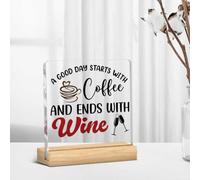 Cartello decorativo da scrivania con caffè e vino, insegna in legno rustico con acrilico trasparente, "Una buona giornata inizia con il caffè e finisce con il vino" per la cucina di casa in stile