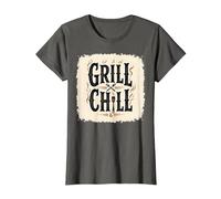 Cartello Decorativo «Grill Chill BBQ», Stile Vintage, con Fiamme fumose Maglietta, Donna, Asfalto, M