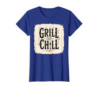 Cartello Decorativo «Grill Chill BBQ», Stile Vintage, con Fiamme fumose Maglietta, Donna, Blu Reale, M