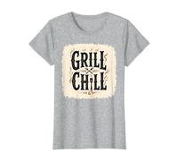Cartello Decorativo «Grill Chill BBQ», Stile Vintage, con Fiamme fumose Maglietta, Donna, Grigio Melange, XXL