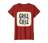 Cartello Decorativo «Grill Chill BBQ», Stile Vintage, con Fiamme fumose Maglietta, Donna, Mirtillo Rosso, L