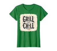 Cartello Decorativo «Grill Chill BBQ», Stile Vintage, con Fiamme fumose Maglietta, Donna, Verde Mela, S