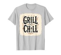 Cartello Decorativo «Grill Chill BBQ», Stile Vintage, con Fiamme fumose Maglietta, Uomo, Argento, M