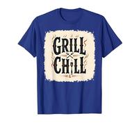 Cartello Decorativo «Grill Chill BBQ», Stile Vintage, con Fiamme fumose Maglietta, Uomo, Blu Reale, 3XL
