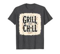 Cartello Decorativo «Grill Chill BBQ», Stile Vintage, con Fiamme fumose Maglietta, Uomo, Grigio Scuro, M