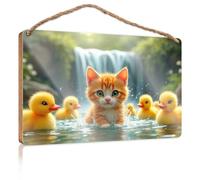 Cartello decorativo in legno con gattino e anatroccoli nella natura, decorazione per ufficio e camera da letto (23 x 35 cm)