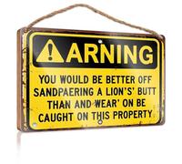 Cartello decorativo in legno con scritta in lingua inglese "Warning: Sandpapering A Lion's Butt Is Better Than Being Here!", cartello in legno, divertente decorazione per il bagno per la stanza (23 x