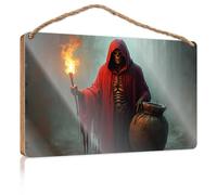 Cartello decorativo in legno con teschio in mantello rosso con torcia e sacco, cartello in legno divertente per la famiglia, set di decorazioni per il bagno (15 x 28 cm)