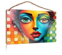 Cartello decorativo per casale con ritratto astratto colorato, un'opera d'arte audace, cartello in legno, decorazione per ufficio e camera da letto (15 x 28 cm)