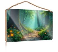 Cartello decorativo per casale con sentiero magico nella foresta con luci incandescenti, cartello in legno autunnale, decorazione per ufficio e camera da letto (23 x 35 cm)
