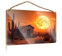 Cartello decorativo per il bagno, deserto, baracca sotto una luna gigante, cartello boscoso per la decorazione della casa, cartelli e placche (23 x 35 cm)