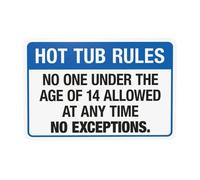 Cartello di avvertimento con scritta "Hot Tub Rules No One Under The Age Of 14 Allowed At Any Time No Exceptions" (lingua italiana non garantita), cartello in metallo per la sicurezza di casa, lavoro