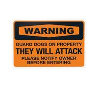Cartello di avvertimento con scritta in inglese "Guard Dogs On Property They Will Attack Please Notify Owner Before Entering", segnale di avvertimento "Beware of Dog", per la sicurezza del cane, per