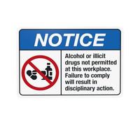 Cartello di avvertimento con scritta in lingua inglese "Alcohol or Illicit Drugs Not Permitted At This Workplace" (lingua italiana non garantita), segnale di divieto di sicurezza, cartello in metallo