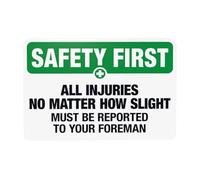 Cartello di avvertimento con scritta in lingua inglese "All Injuries No Matter How Slight Must Be Reported", cartello di sicurezza in metallo per casa, lavoro, esterni, interni, garage, strada, parete
