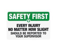 Cartello di avvertimento con scritta in lingua inglese "Every Injury No Matter How Slight Should Be Reported", cartello di sicurezza in metallo per casa, lavoro, esterni, interni, garage, strada