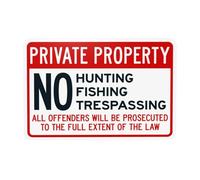 Cartello di avvertimento con scritta in lingua inglese "No Hunting Fishing Trespassing All Offenders Will Be Prosecuted To The Full Extent", cartello in metallo per la sicurezza della proprietà