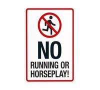Cartello di avvertimento con scritta "No Running or Horseplay With Graphic Warning Sign of Pool Rules" per casa, lavoro, esterni, interni, strada, cortile, garage, parete stradale, sicurezza
