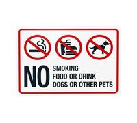Cartello di avvertimento con scritta "No Smoking Food or Drink Dogs or Other Pets Warning Sign", segnale di divieto di sicurezza, per casa, lavoro, esterni, interni, garage, parete stradale, sicurezza