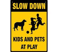 Cartello di avvertimento in latta con scritta "Slow Down Kids And Pets At Play", per casa, cucina, fattoria, giardino, garage, decorazione da parete, 30,5 x 20,3